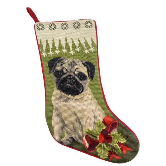 Needlepoint Hand-Embroidered Wool Stocking Exquisite Home Designs Pug green background white top