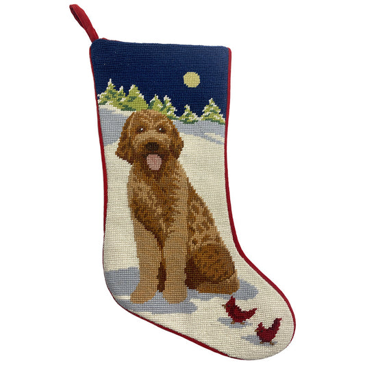 Needlepoint Hand-Embroidered Wool Stocking Exquisite Home Designs Goldendoodle 2 birds moon in sky snow background blue sky