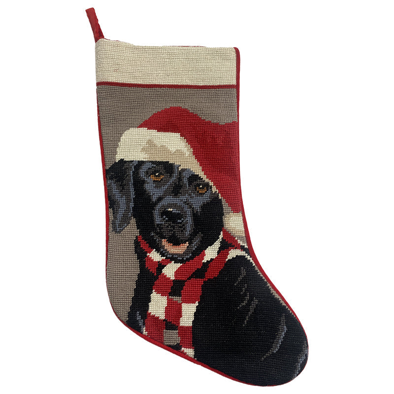 Needlepoint Hand-Embroidered Wool Stocking Exquisite Home Designs Black Lab Santa hat check scarf snow background