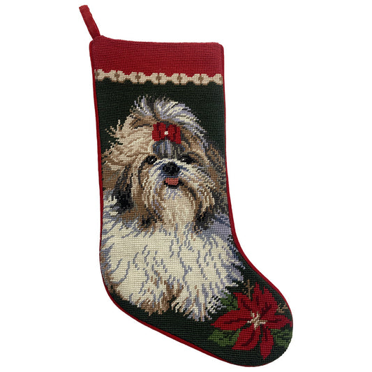 Needlepoint Hand-Embroidered Wool Stocking Exquisite Home Designs Brown ShihTzu red hair bow red Poinsettia dark background red top