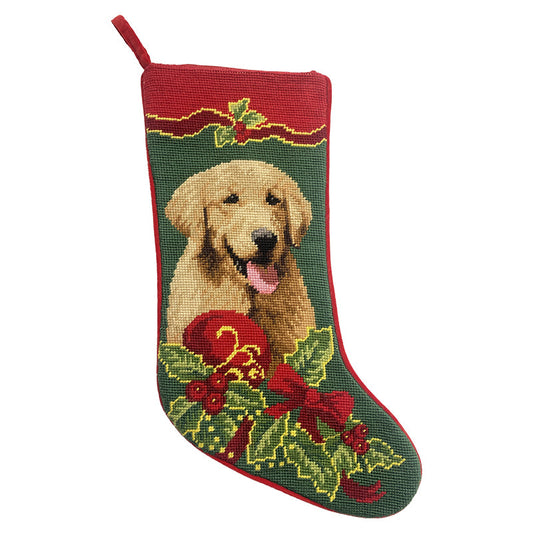 Needlepoint Hand-Embroidered Wool Stocking Exquisite Home Designs GOLDEN RETRIEVER