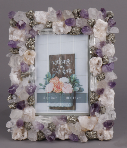 Crystal Photo Frame-mixed crystals with rock quartz point, amethyst point, quartz geodes and pyrite