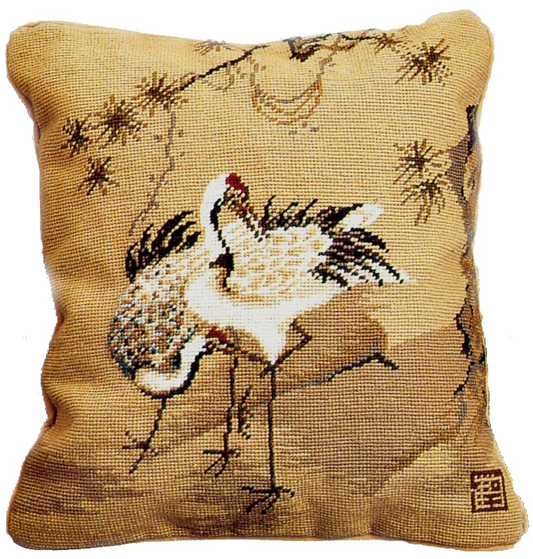 Needlepoint Hand-Embroidered Wool Throw Pillow Exquisite Home Designs  Cranes with pine tree 1