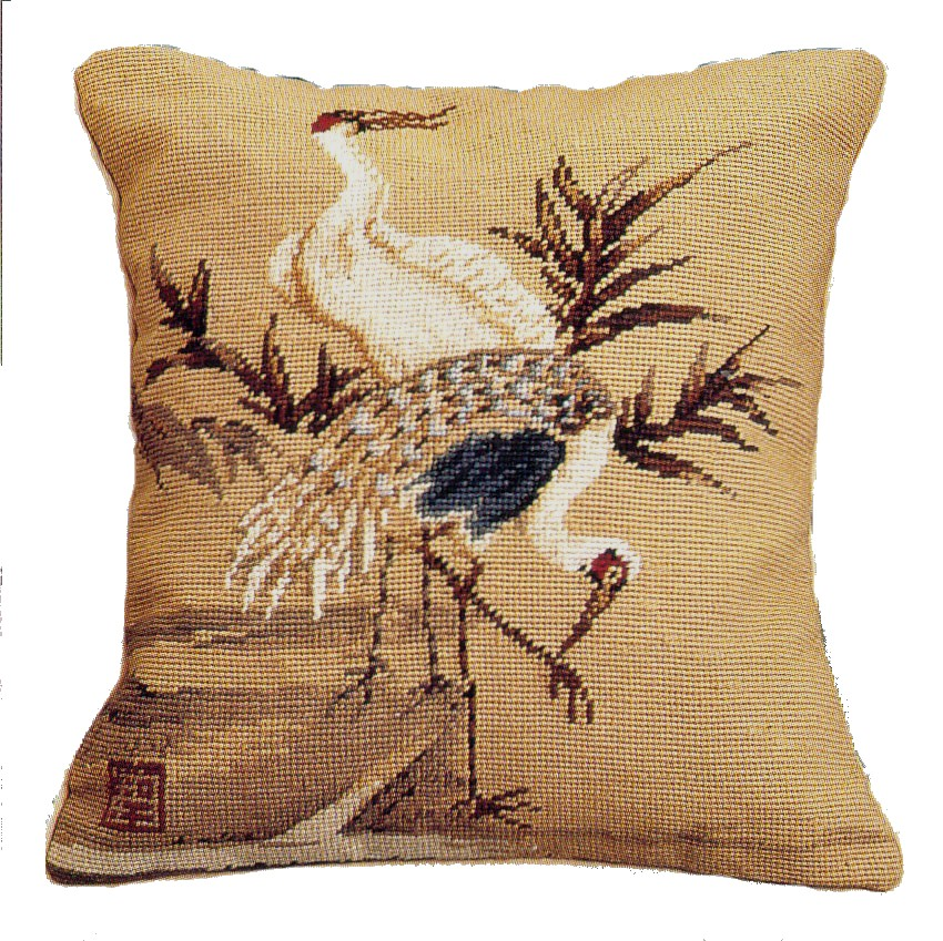 Needlepoint Hand-Embroidered Wool Throw Pillow Exquisite Home Designs  Cranes with green leaves