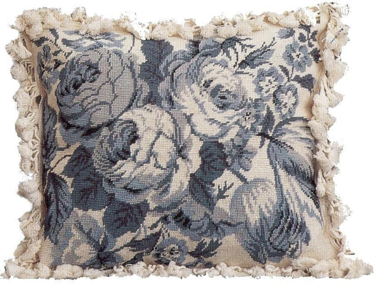 Needlepoint Hand-Embroidered Wool Throw Pillow Exquisite Home Designs Grossipoint blue/white roses