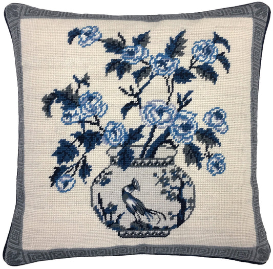 Needlepoint Hand-Embroidered Wool Throw Pillow Exquisite Home Designs W/B flowers in pot 1 bird