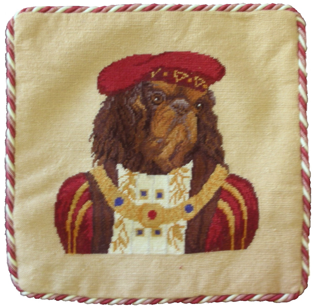 Needlepoint Hand-Embroidered Wool Throw Pillow Exquisite Home Designs  King Charles with 2 color cording