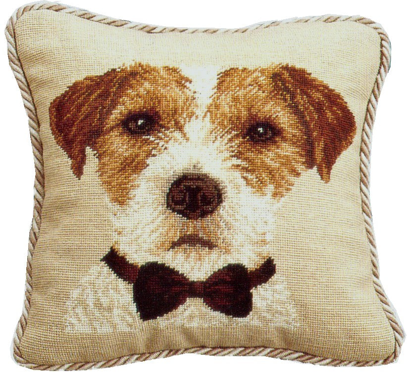 Needlepoint Hand-Embroidered Wool Throw Pillow Exquisite Home Designs  Jack Russell with 2 color cording