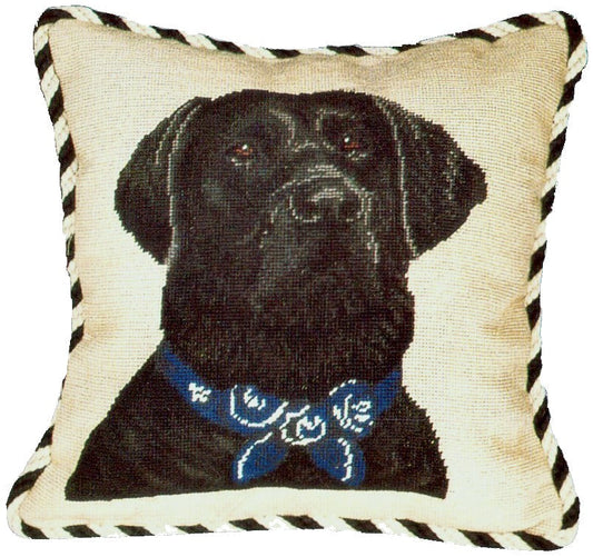 Needlepoint Hand-Embroidered Wool Throw Pillow Exquisite Home Designs  black Lab with 2 color cording