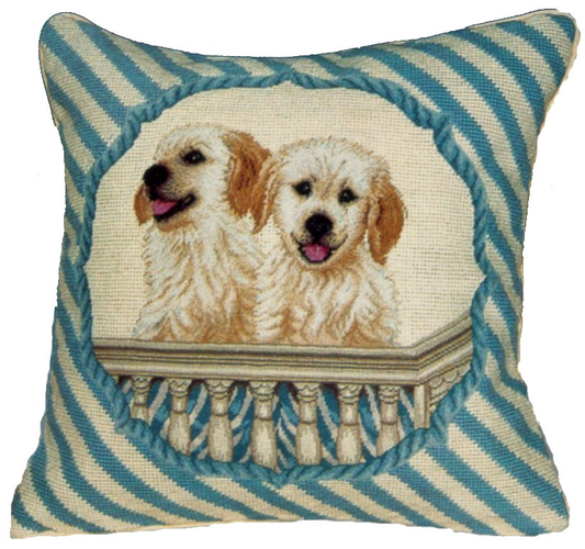 Needlepoint Hand-Embroidered Wool Throw Pillow Exquisite Home Designs  2 puppies in balcony