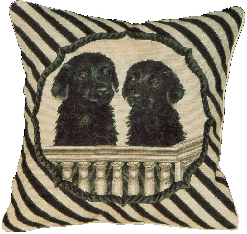 Needlepoint Hand-Embroidered Wool Throw Pillow Exquisite Home Designs  twin black Labrador in balcony