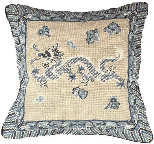 Needlepoint Hand-Embroidered Wool Throw Pillow Exquisite Home Designs  blue/white Dragon