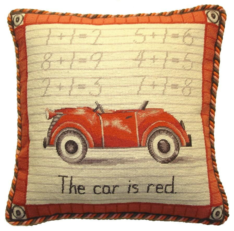 Needlepoint Hand-Embroidered Wool Throw Pillow Exquisite Home Designs Car Lauren Hamilton Design