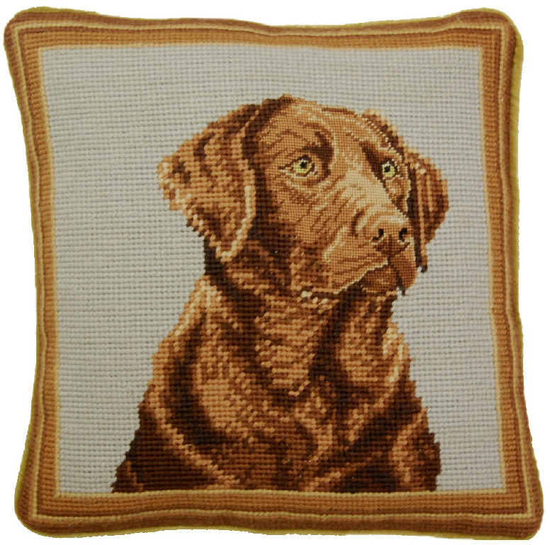 Needlepoint Hand-Embroidered Wool Throw Pillow Exquisite Home Designs face on brown lab rest grosspoint