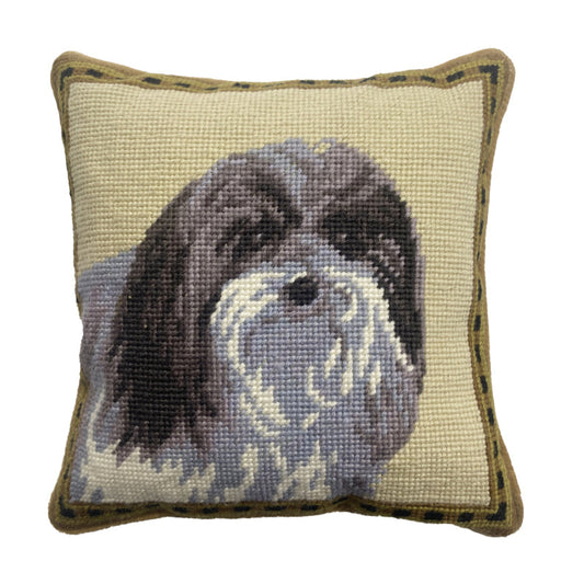 Needlepoint Hand-Embroidered Wool Throw Pillow Exquisite Home Designs Schnauzer lightGreen background