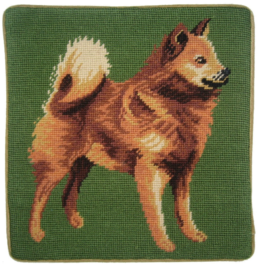 Needlepoint Hand-Embroidered Wool Throw Pillow Exquisite Home Designs Finnish Spitz