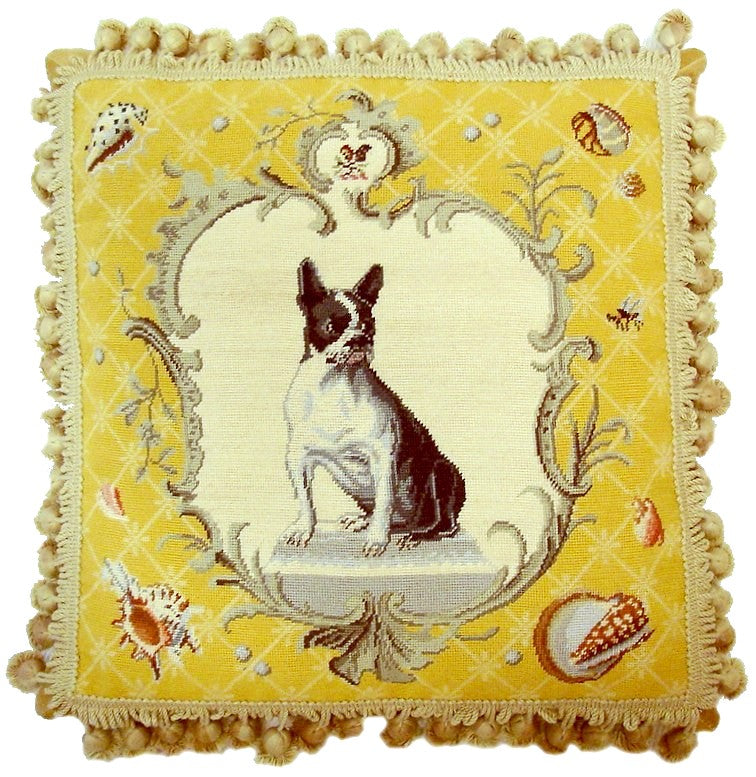 Needlepoint Hand-Embroidered Wool Throw Pillow Exquisite Home Designs  Boston Terrier with yellow frame and shell nature tassels