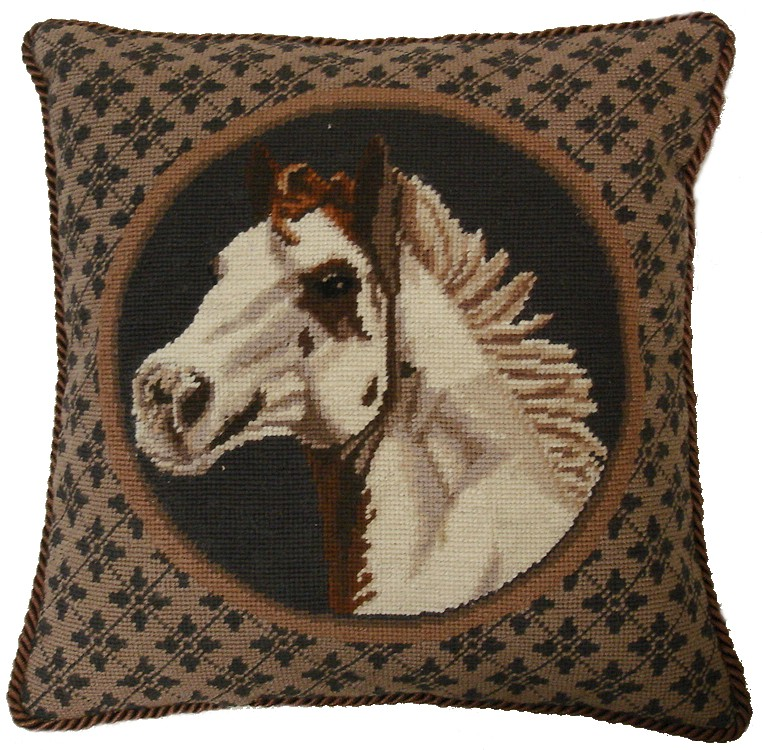 Needlepoint Hand-Embroidered Wool Throw Pillow Exquisite Home Designs white horse head brown cording