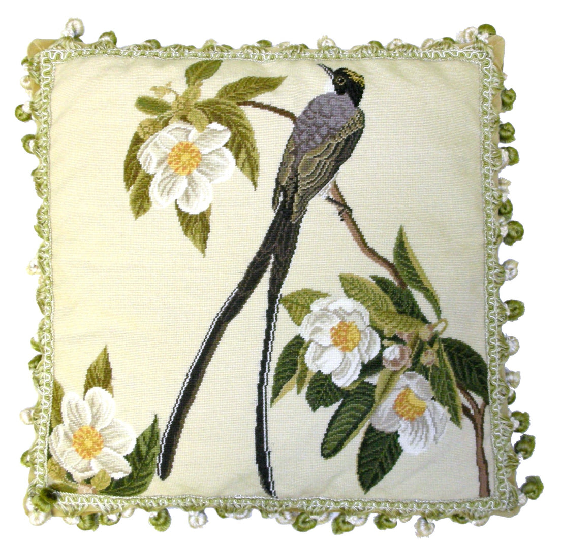 Needlepoint Hand-Embroidered Wool Throw Pillow Exquisite Home Designs  bird & magnolia with 2 color tassel