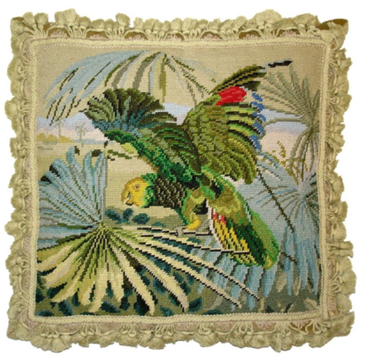 Needlepoint Hand-Embroidered Wool Throw Pillow Exquisite Home Designs one parrot