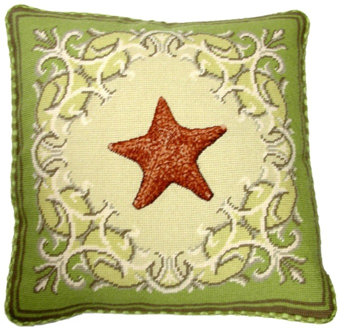 Needlepoint Hand-Embroidered Wool Throw Pillow Exquisite Home Designs seastar with checker cording