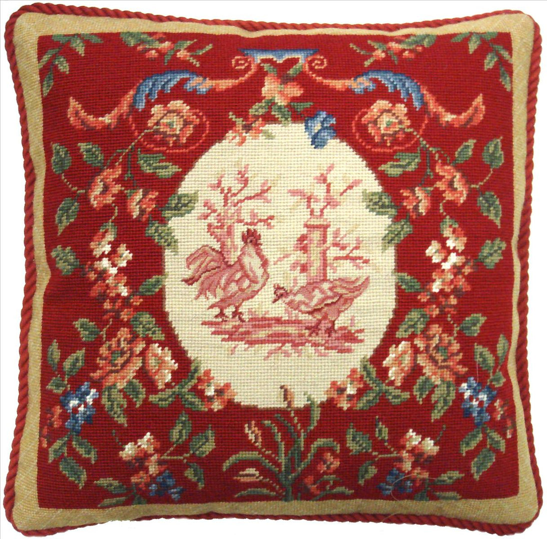 Needlepoint Hand-Embroidered Wool Throw Pillow Exquisite Home Designs chickens floral with red cording