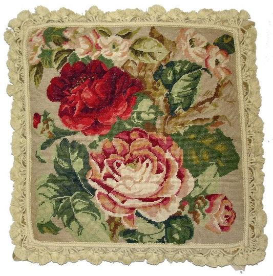 Needlepoint Hand-Embroidered Wool Throw Pillow Exquisite Home Designs red cabbage roses