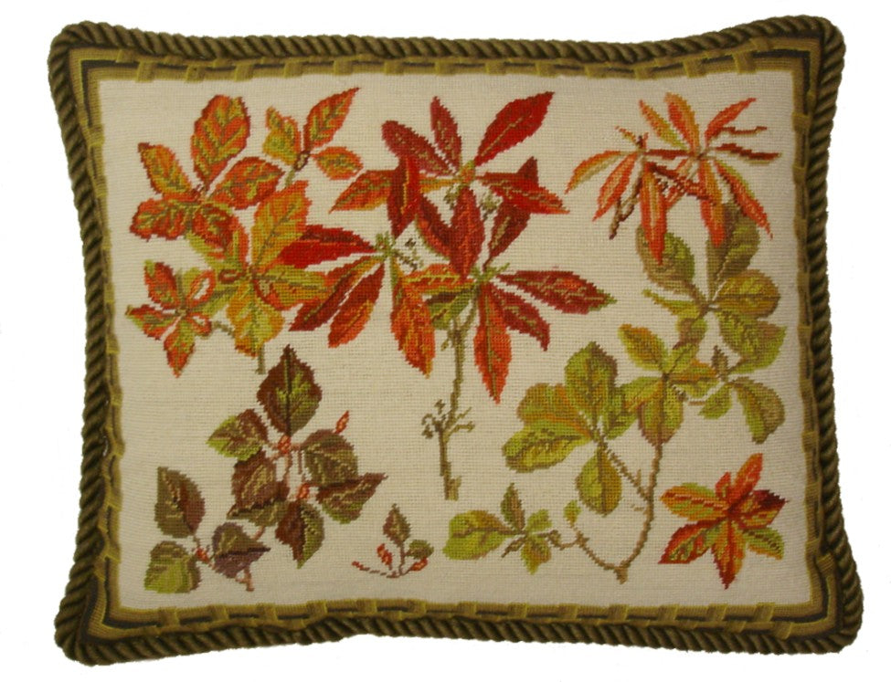 Needlepoint Hand-Embroidered Wool Throw Pillow Exquisite Home Designs  banboo frame autumn leaves with cording