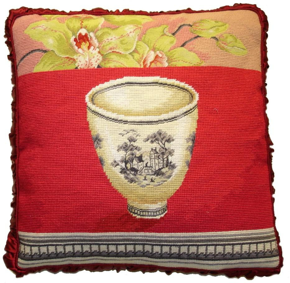 Needlepoint Hand-Embroidered Wool Throw Pillow Exquisite Home Designs  Kathryn White Design O