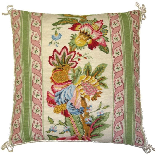 Needlepoint Hand-Embroidered Wool Throw Pillow Exquisite Home Designs  hanging bell in shades of pink green blue with cording