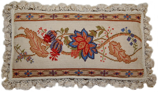 Needlepoint Hand-Embroidered Wool Throw Pillow Exquisite Home Designs ginger flowers with nature tassels