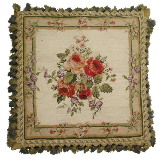 Needlepoint Hand-Embroidered Wool Throw Pillow Exquisite Home Designs  center roses small flowers around board 2 color back & tassel