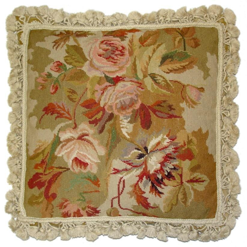 Needlepoint Hand-Embroidered Wool Throw Pillow Exquisite Home Designs  antique looking roses & flowers light & dark beige background with tassels