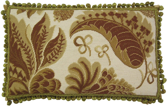 Needlepoint Hand-Embroidered Wool Throw Pillow Exquisite Home Designs olive tropical leaves ivory background with tassels