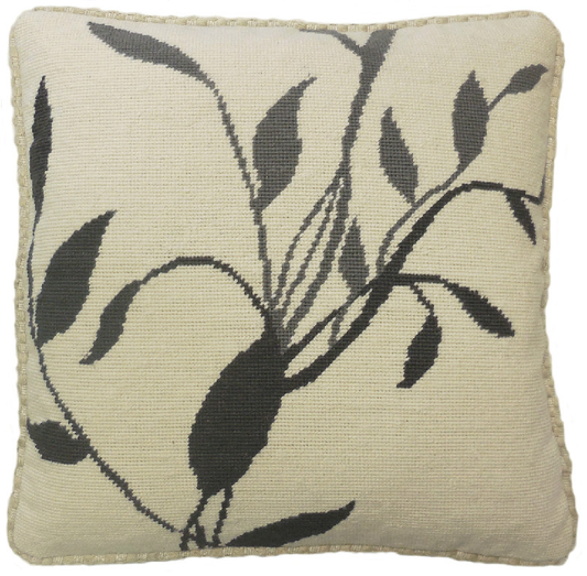 Needlepoint Hand-Embroidered Wool Throw Pillow Exquisite Home Designs gray/black leaves off-white background with checker cording