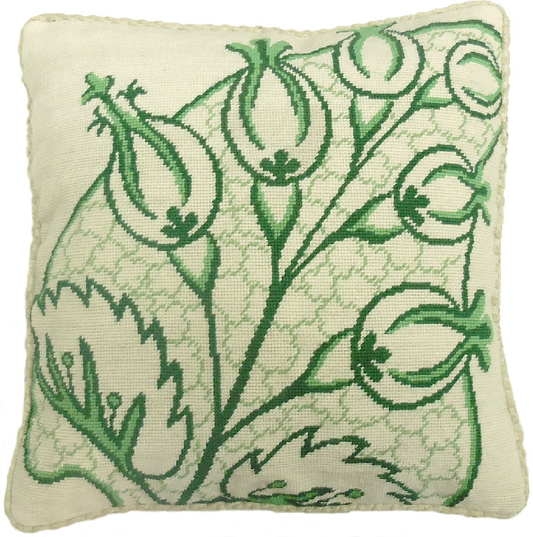 Needlepoint Hand-Embroidered Wool Throw Pillow Exquisite Home Designs green big leaves/flowers checker cording