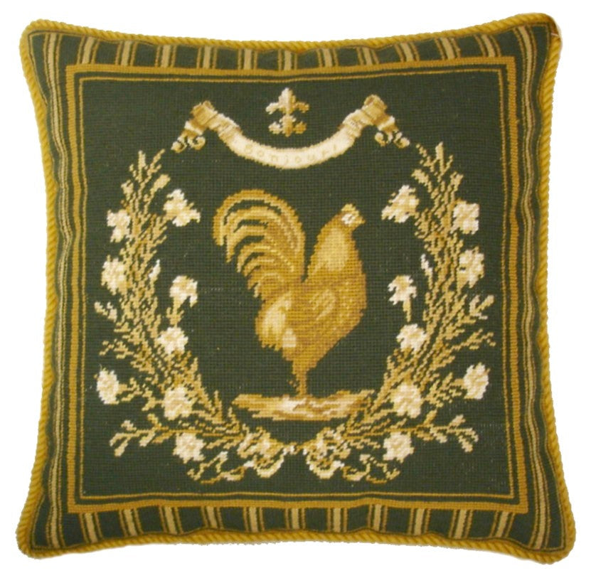 Needlepoint Hand-Embroidered Wool Throw Pillow Exquisite Home Designs Gayle Bighouses design french country rooster green