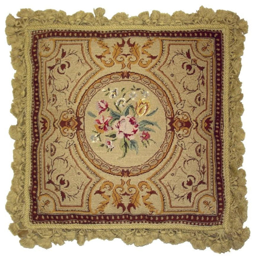 Needlepoint Hand-Embroidered Wool Throw Pillow Exquisite Home Designs golden antique frame & roses center with gold tassels