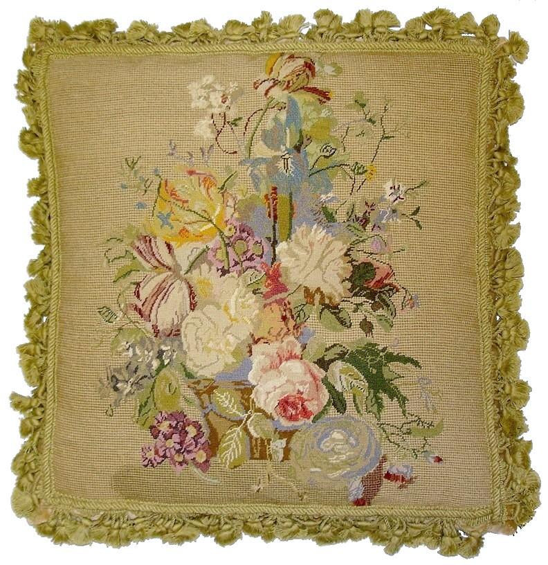 Needlepoint Hand-Embroidered Wool Throw Pillow Exquisite Home Designs Petti Point Floral Background