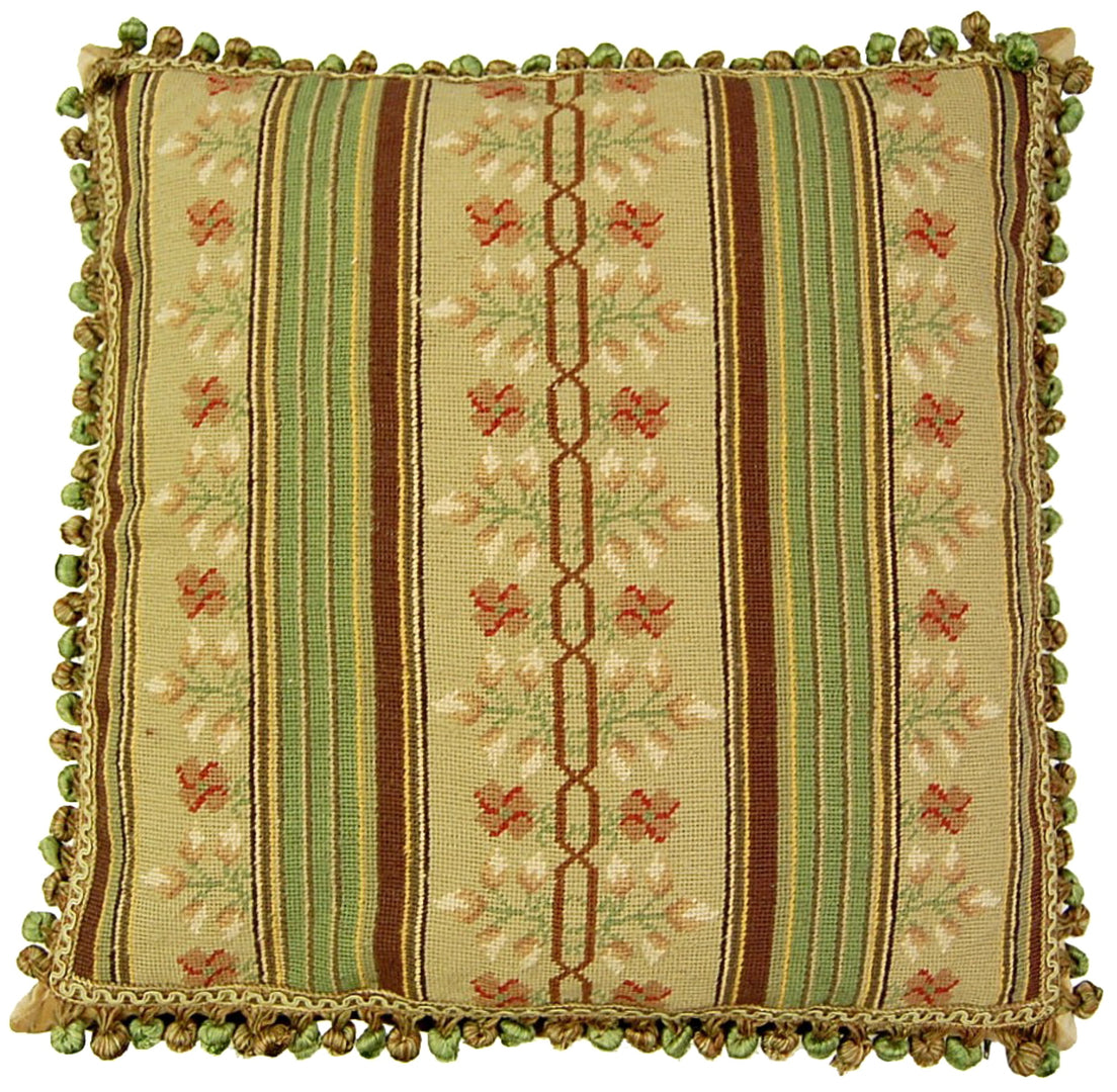 Needlepoint Hand-Embroidered Wool Throw Pillow Exquisite Home Designs green/brown small patten center with 3 color tassels