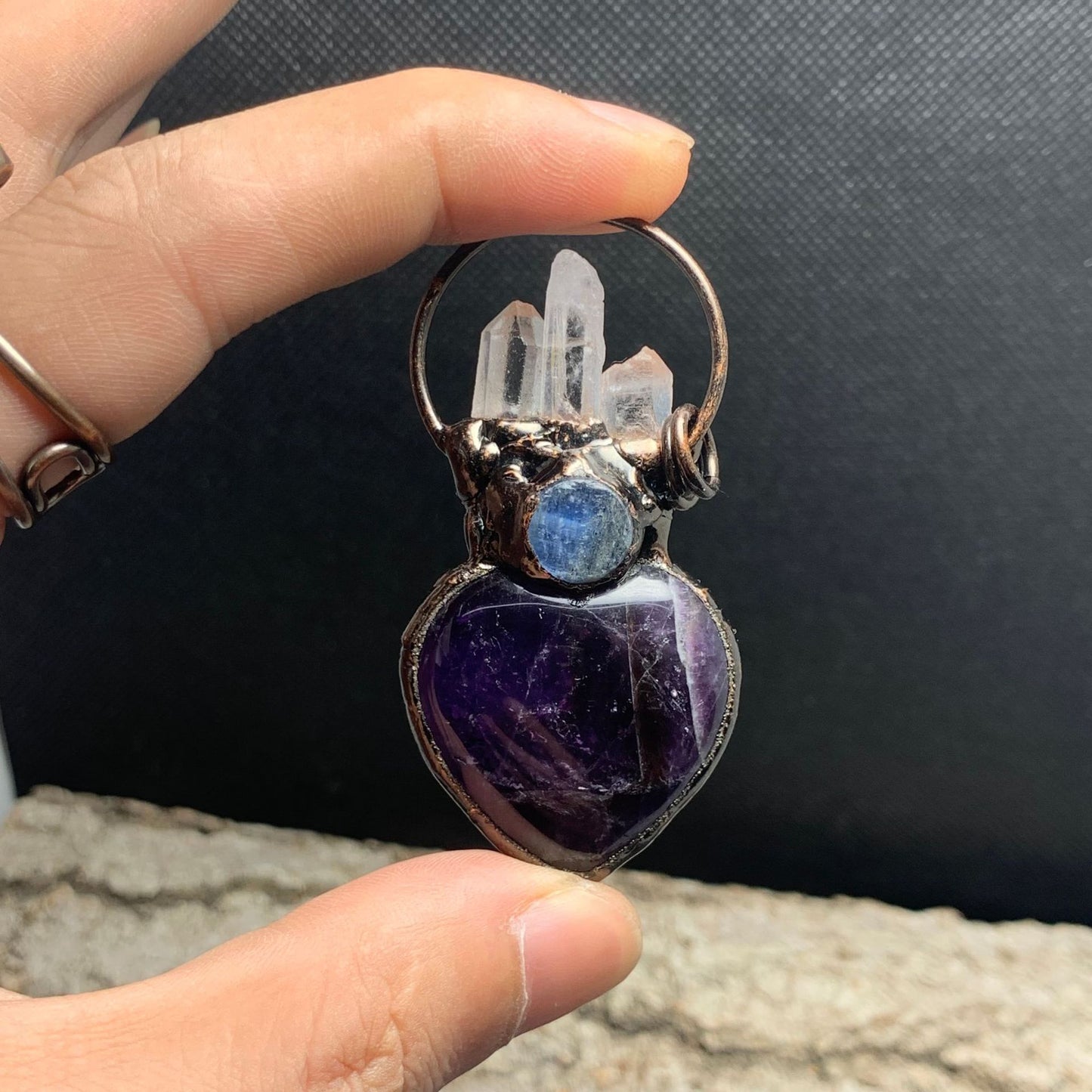 Amethyst Heart-Shape White Crystal Point Blue round Cake Combination Bronze ElectroplatingSweater Chain Pendant