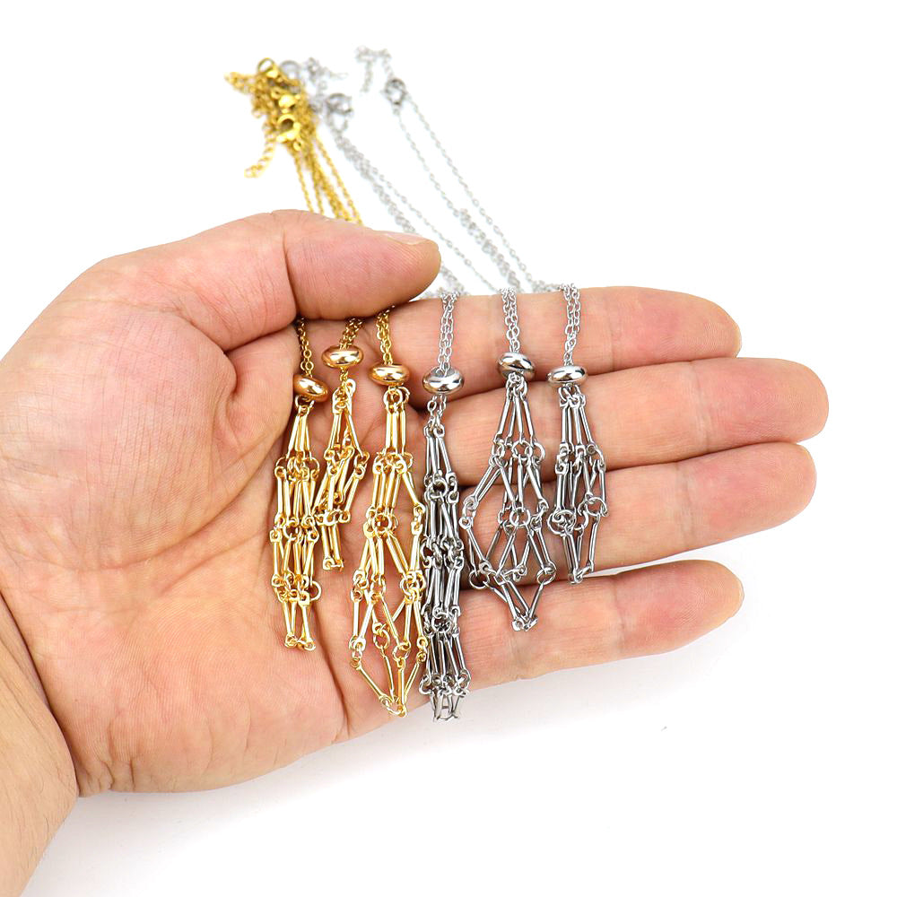 DIY adjustable stainless steel metal bamboo mesh pocket necklace woven pendant N699