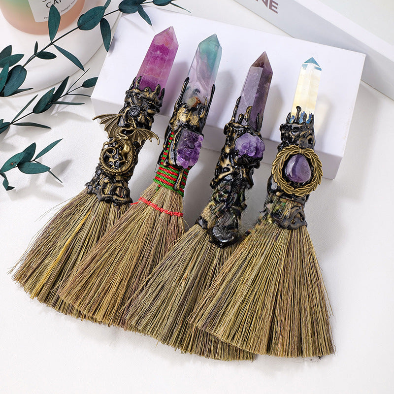 Witch broom, natural crystal pillar broom, crystal rough handmade magic broom ornament