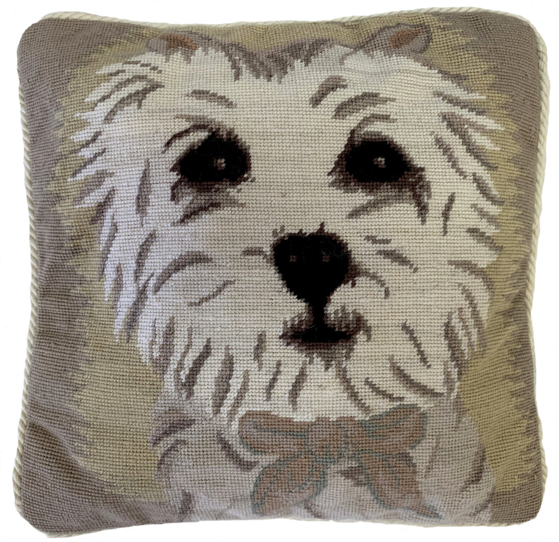 Needlepoint Hand-Embroidered Wool Throw Pillow Exquisite Home Designs  Westie with 3 color cording