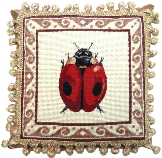 Needlepoint Hand-Embroidered Wool Throw Pillow Exquisite Home Designs ladybug with tassels