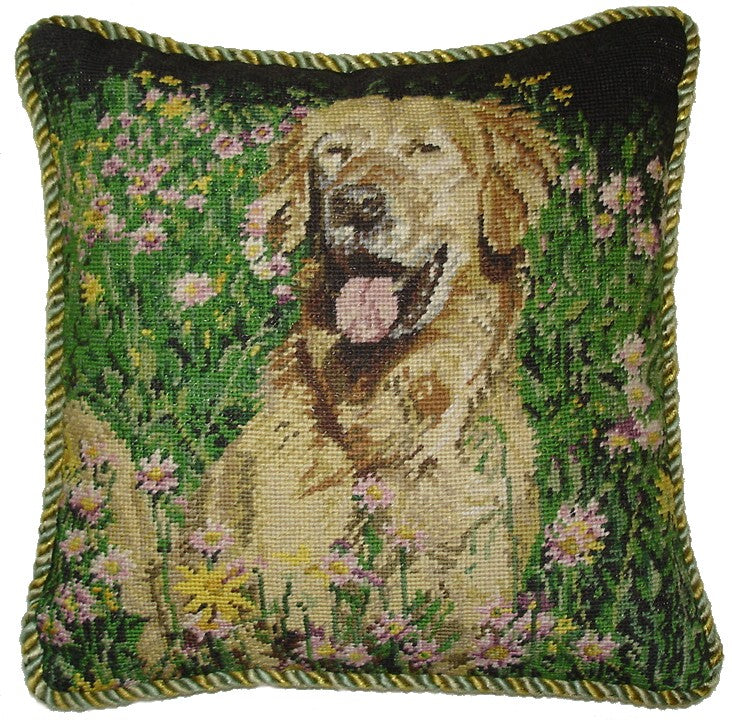 Needlepoint Hand-Embroidered Wool Throw Pillow Exquisite Home Designs Golden Retrieval