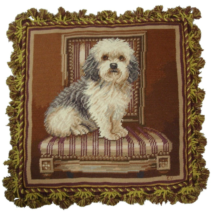 Needlepoint Hand-Embroidered Wool Throw Pillow Exquisite Home Designs Elaine Vollherbst Design Elegant Terrier