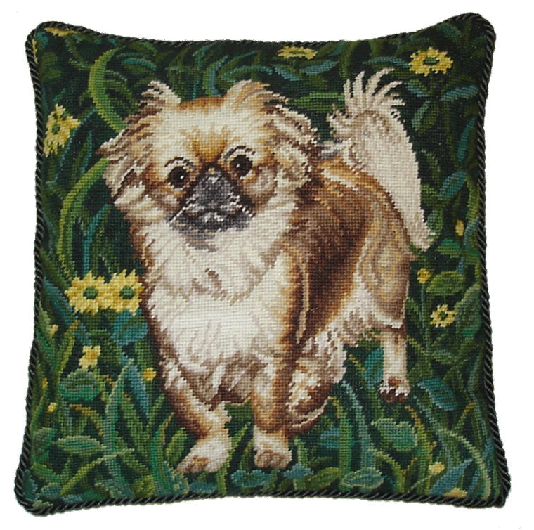 Needlepoint Hand-Embroidered Wool Throw Pillow Exquisite Home Designs white Pekingness green cording