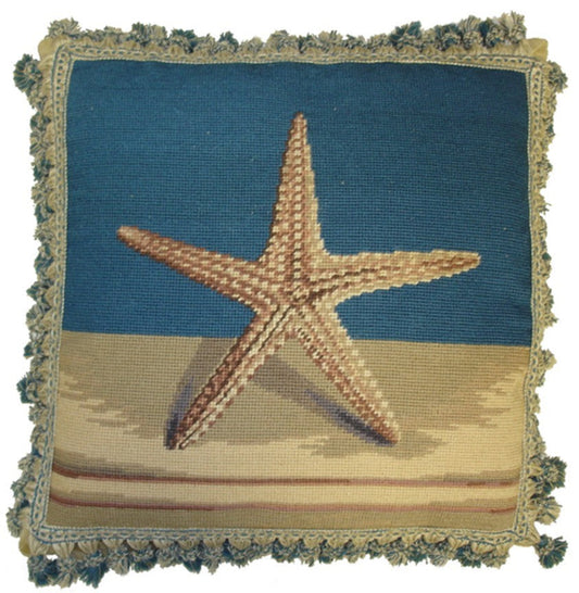 Needlepoint Hand-Embroidered Wool Throw Pillow Exquisite Home Designs sea star with 2 color tassel