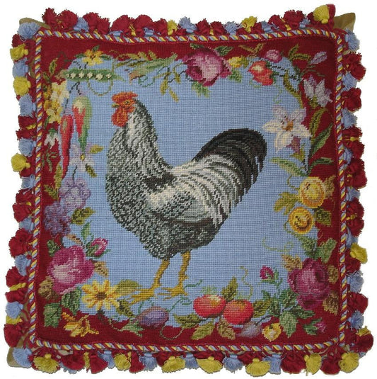 Needlepoint Hand-Embroidered Wool Throw Pillow Exquisite Home Designs fruits flower vegetable red boarder white/black chicken color tassels